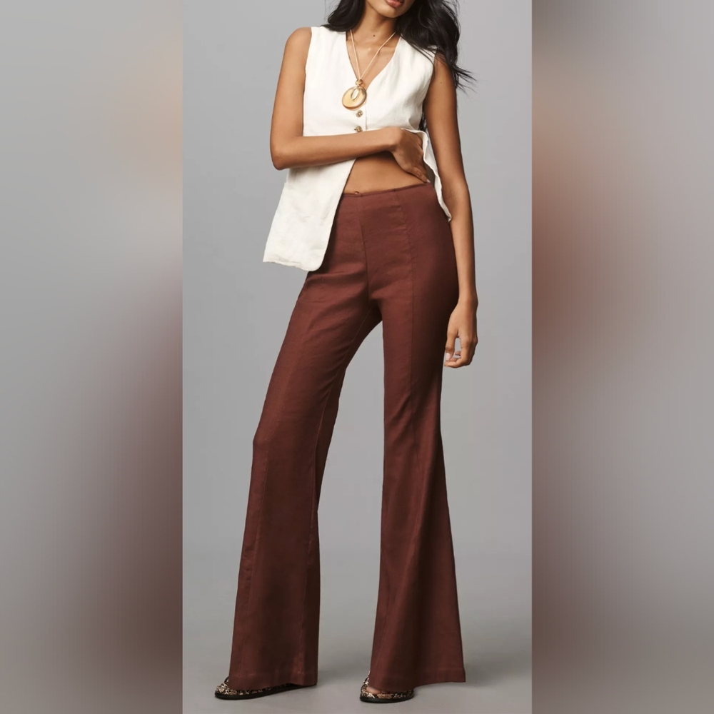Green Maeve Anthropologie Linen Flare Pant 8